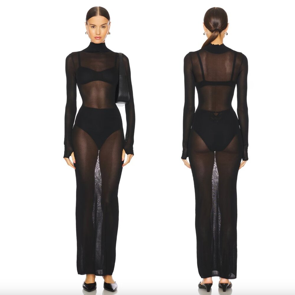 L'Academie by Marianna Reyes Maxi Knit Dress in Black Sheer Long Sleeve Gown